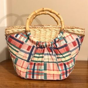 John Romaine Vintage Woven Straw Plaid Beach Bag